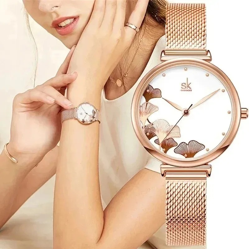 Stainless Mesh Band - Luxury Women's Ginkgo Leaf Watch Elegant